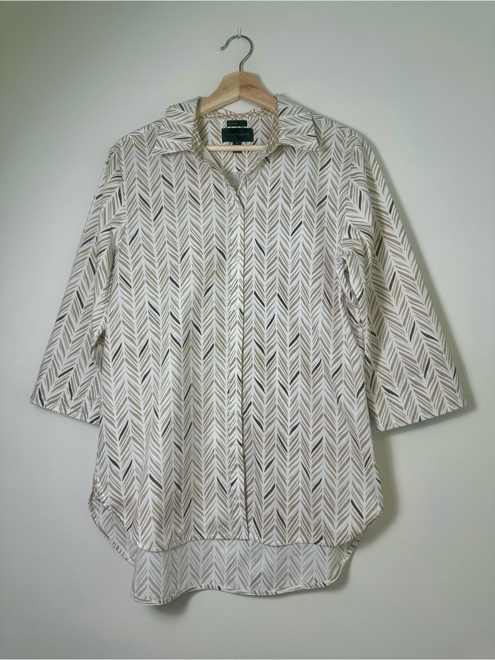 Tan White Leaf Print Tunic Top Cotton Wrinkle-Free Button Down Shirt Summer